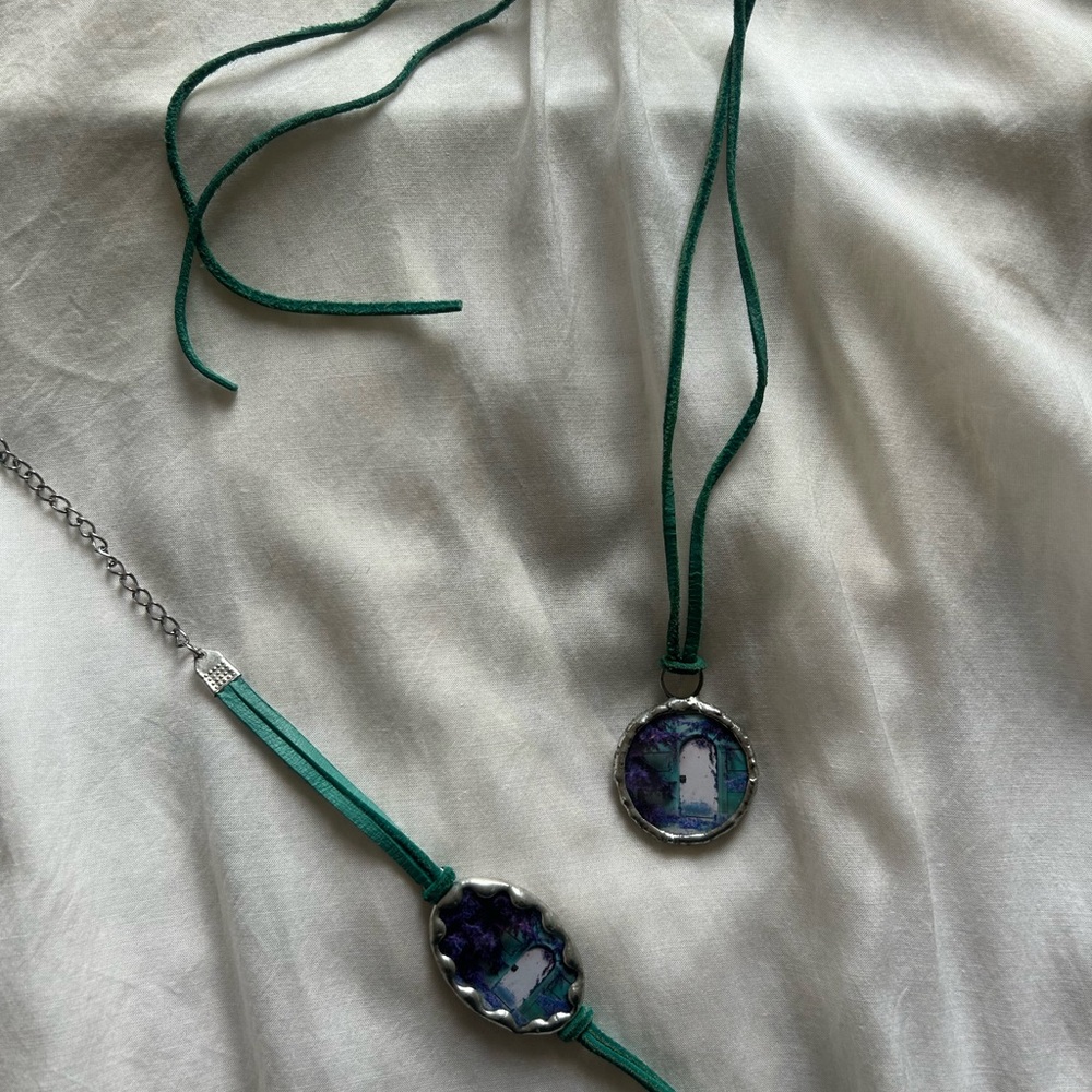 Handmade Green Suede Necklace and Bracelet Set with Purple Accent